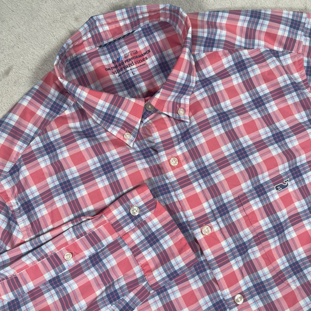 Vineyard Vines On-The-Go Performance Shirt Mens L Pink Blue Plaid Button Down